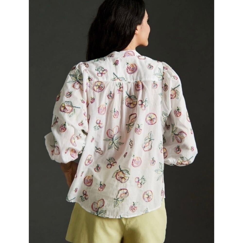 Anthropologie Pilcro Bella Embroidered Fruit Blouse White Cotton Medium Petite - Picture 3 of 12